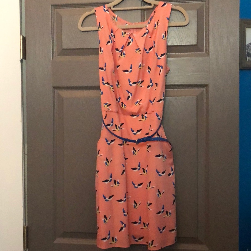 Peach dress with blue bird design